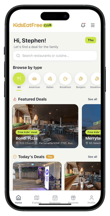 Kids Eat Free Club app home screen