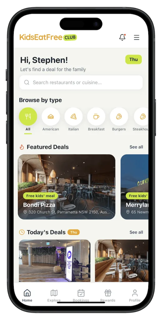 Kids Eat Free Club app showing today's kids eat free deals, including Bondi Pizza