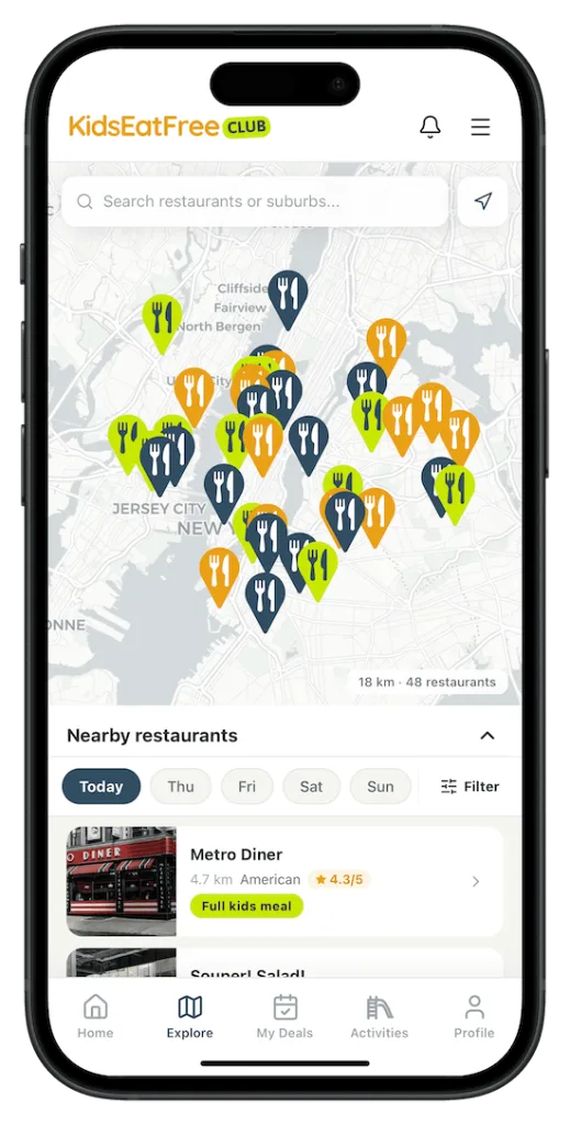 Map in the Kids Eat Free Club app with nearby restaurants and today's kids eat free deals