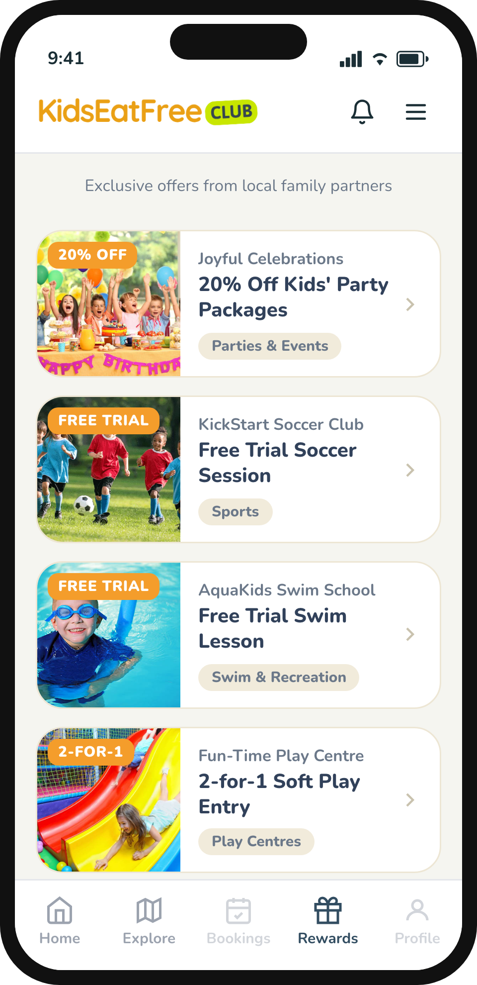 Kids Eat Free Club app rewards screen