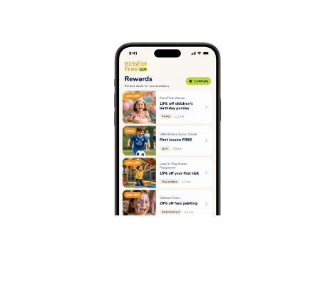 Kids Eat Free Club app rewards screen