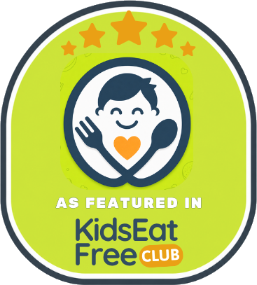 Round badge with stars — As featured in Kids Eat Free Club